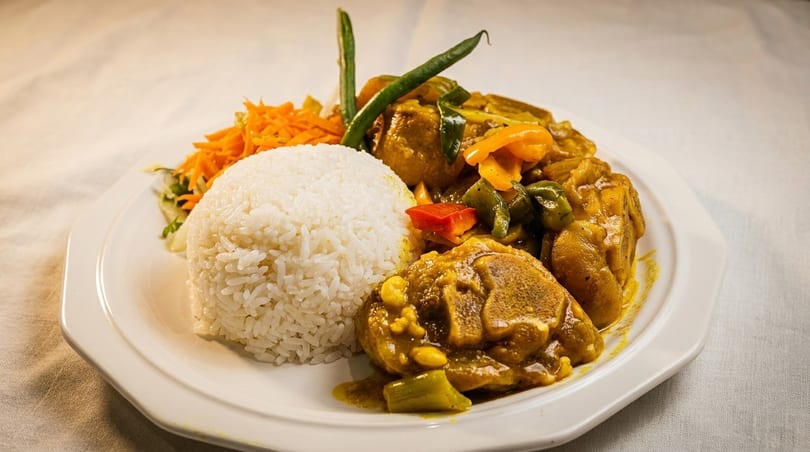 Curried chicken with rice, shredded carrots, and green beans on a white plate.