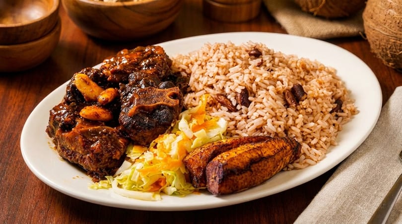 Oxtail stew with rice and peas, fried plantains, and cabbage on a white plate.